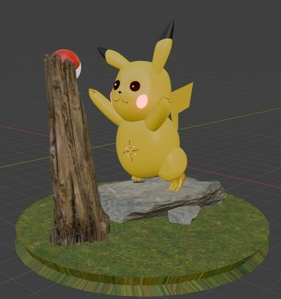 pikachu pokémon pokeball arbre herbe base calcul pierres modèle diorama anime dessin 3d 3d print model - Mito3D