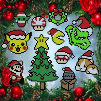 pixelated 8bit christmas ornament collection gift multicolor pixel art mario game super dual color gamer awesome cute pikachu grinch mushroom cat dog 3d print model - Mito3D