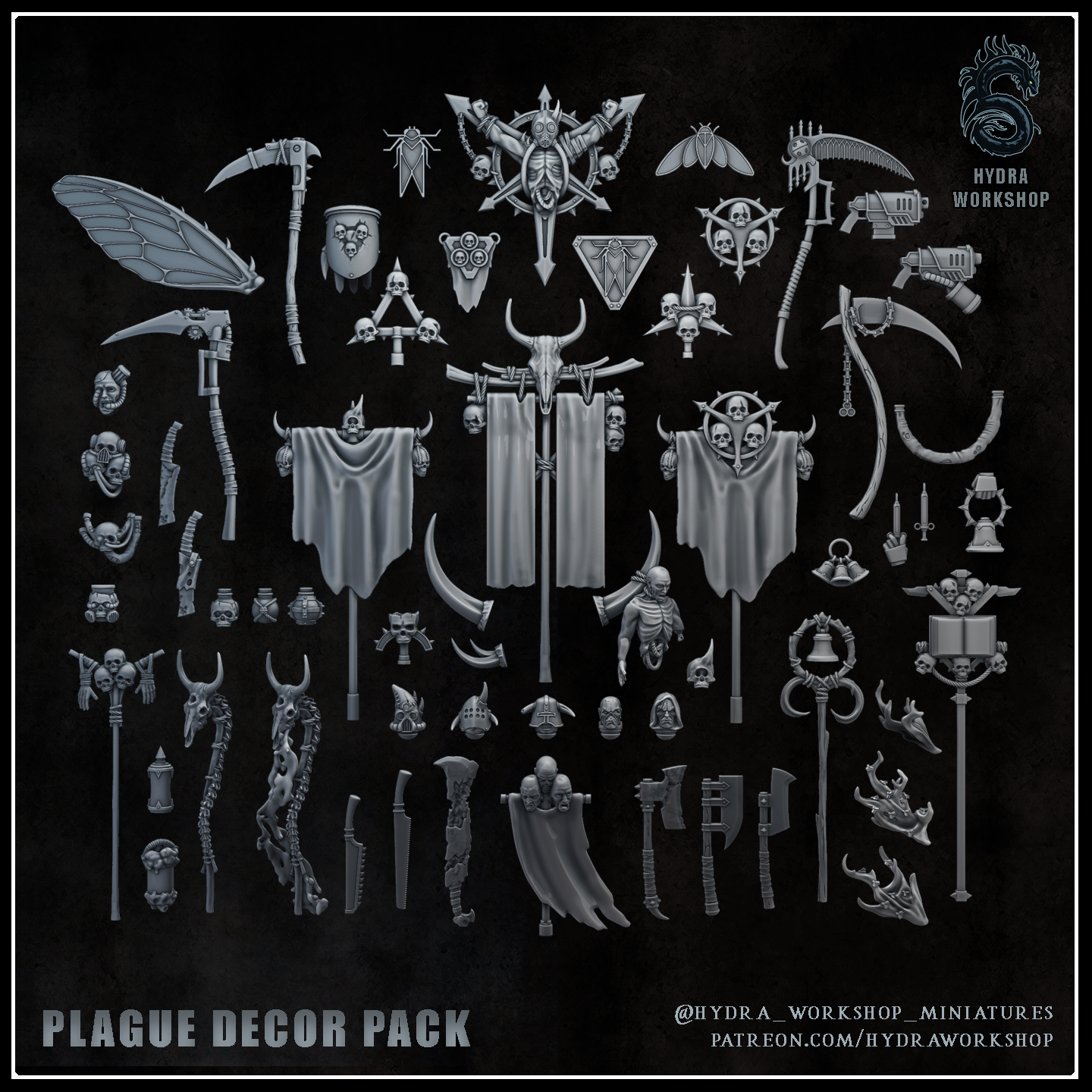 plague decor pack game wargame kitbash upgrade icon banner corruption fly scythe axe demon flask 28mm 32mm sla 3D print model - Mito3D