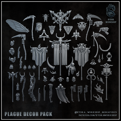 plague decor pack game wargame kitbash upgrade icon banner corruption fly scythe axe demon flask 28mm 32mm sla 3d print model - Mito3D
