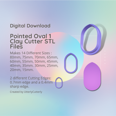 pointed oval 1 clay cutter - stl digital file download- 14 sizes 2 versions earring polymer geometric embossed hexagon utterlycutterly utterly cutterly cookie fondant organic shape indie arch 3d print model - Mito3D