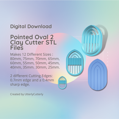 pointed oval 2 clay cutter - stl digital file download- 12 sizes versions earring polymer geometric embossed hexagon utterlycutterly utterly cutterly cookie fondant organic shape indie arch 3d print model - Mito3D