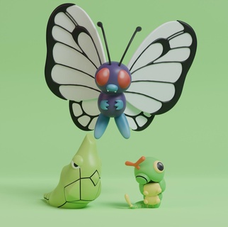pokemon - caterpie metapod butterfree 2 poses pre supported pikachu ash pokeball toy home popular eevee printing dog anime manga collectible charizard metapo flexi 3d print model - Mito3D