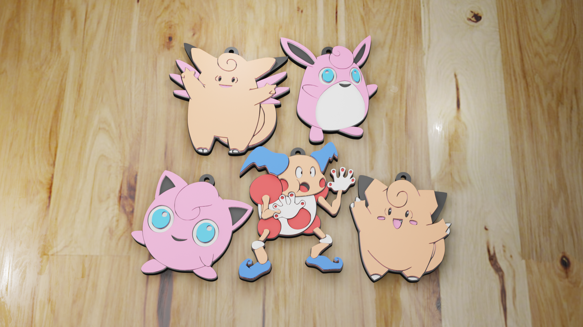 pokemon hada llavero paquete 5 llaveros joyería joya clefairy clefable jigglypuff wigglytuff mímica 3D print model - Mito3D