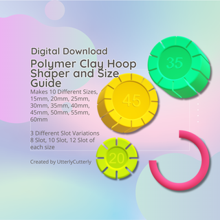polymer clay hoop shaper size guide stl files - digital file download- 10 sizes 3 versions earring cutter geometric embossed hexagon utterlycutterly utterly cutterly cookie fondant organic shape indie circle moon 3d print model - Mito3D