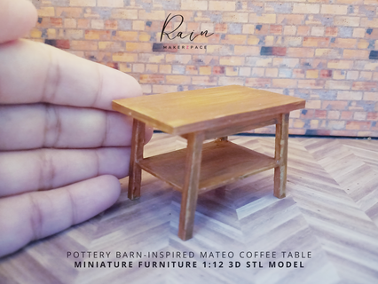 pottery barn-inspired mateo rectangular coffee table miniature barn furniture dollhouse 1 12 3d stl files side modern file mini 3d print model - Mito3D