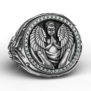 praying hands angle baby signet ring jesus gents heavy lion singet christ wings filigree sculpting shield 3dprinted enamel latin calligraphy 3d print model - Mito3D
