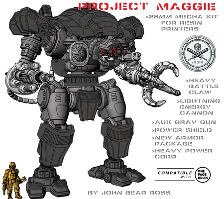 project maggie-express 28mm frame armor weapons game mech mecha maggie knight walker chaos imperial adaptus junctionworld lightning cannon claw shield battle war quixote 3d print model - Mito3D