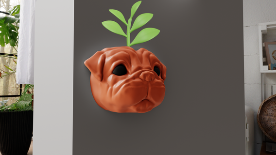 pug head wall planter dog pet cactus succulent pot plants 3d print model - Mito3D