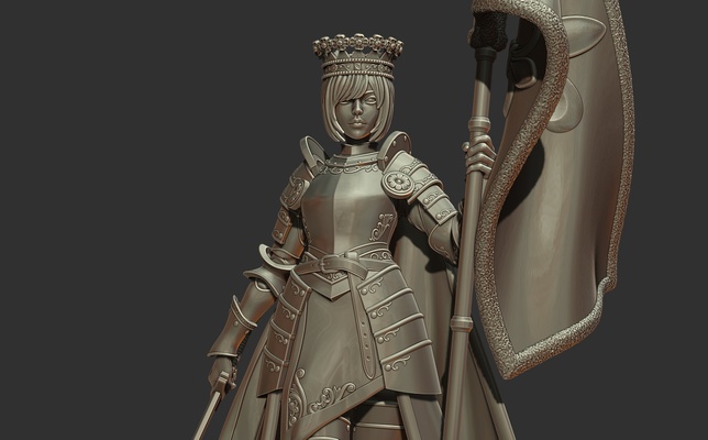 queen chess piece - 3d print miniature art armor sword knight fantacy medieval flag crown cape statue figure collectible girl 3d print model - Mito3D