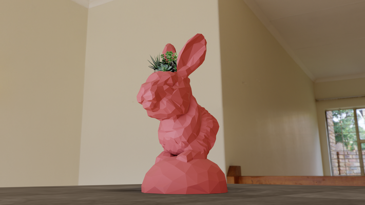 rabbit bust poly planter pot flower vase stl 3d print file home hare jungle safari miniature tabletop animals sculpture wall decor 3d print model - Mito3D