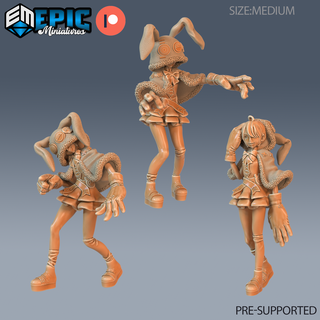 rabbit hoodie girl set dnd miniature tabletop miniatures gaming monster 3d model rpg dndminis stl file epic-miniatures dndminiatures 3dprint 3dminiature printedminis 3dprinting dungeon fantasy roleplaying dragon warrior undead pre-supported 3d print model - Mito3D