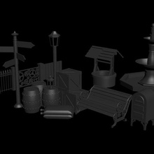 random clutter tabletop game dnd d&d props barrel crate fountain fence well lantern street light sandbag 3d print model - Mito3D