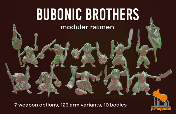 ratmen bubonic brothers - modular pack fantasy wargames ratman vermin ratkin plague brother priest monk pestilence rats 28mm warpstone 3d print model - Mito3D