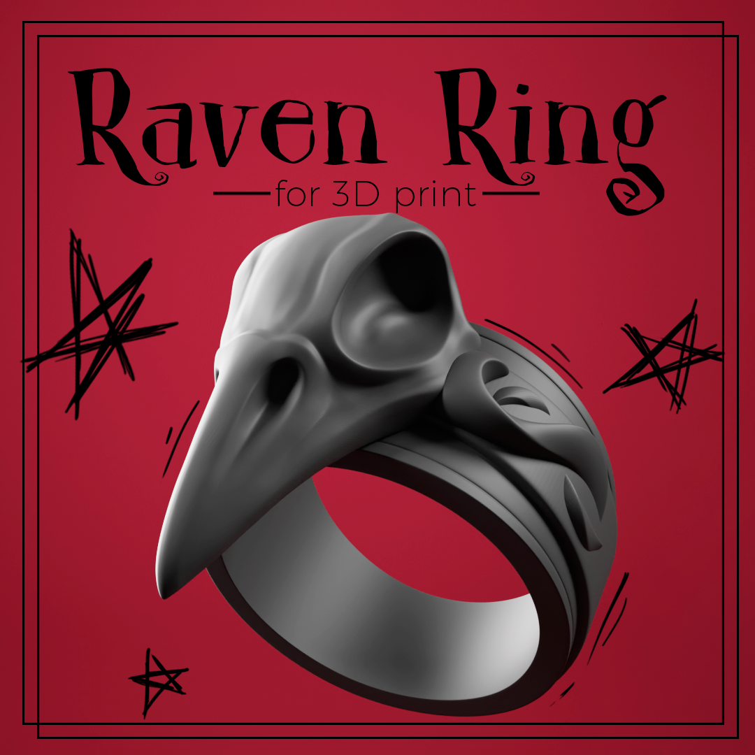 raven ring - halloween witch style crow resin bird skull custom dark polydraw 3D print model - Mito3D
