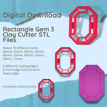 rectangle gemme 3 argile coupeur bijou stl numérique fichier download 10 tailles 2 versions boucle d'oreille polymère 3d print model - Mito3D