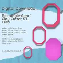 rectangle gem clay cutter - jewel stl digital file download- 10 sizes 2 versions earring polymer geometric embossed hexagon utterlycutterly utterly cutterly cookie fondant organic shape indie fashion 3d print model - Mito3D