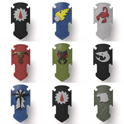 relic shields collection 2 game tyrant's claw red scorpions minotaurs lamenters mantis warriors carcharodons raptors storm wardens grey knights novamarines marines errant flesh tearers space marine warhammer 40k shield 3d print model - Mito3D