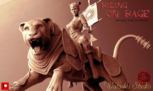 riding rage art woman sculptures statuette walades famele animal tiger warrior 3d print model - Mito3D