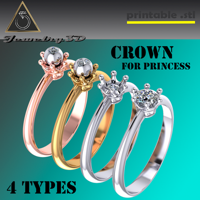 imprimible joyería joya anillo 4 tipos corona princesa diamante prototipos 3dprinted diseño impresión compromiso corazón moda amor príncipes reina diadema brillante mujer 3d print model - Mito3D