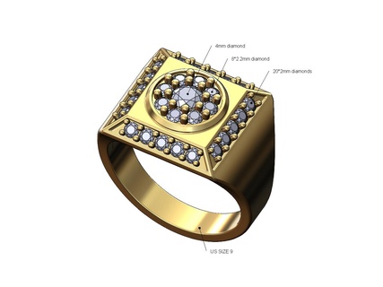 round diamond cluster square chamfred sides ring us size 9 3d print model cluster diamond ring jewelry printable gold silver signet square fashion jewellery luxury bling hiphop chunky diamond ring statement 3d model 3d printable iced  3d print model - Mito3D