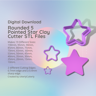 rounded 5 pointed star clay cutter - stl digital file download- 19 sizes 2 versions earring polymer geometric embossed hexagon utterlycutterly utterly cutterly cookie fondant organic shape indie fashion 3d print model - Mito3D
