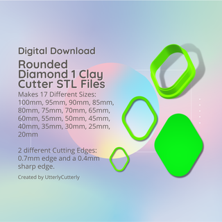rounded diamond 1 clay cutter - basic shape geometric stl digital file download- 17 sizes 2 versions cookie earring polymer embossed hexagon utterlycutterly utterly cutterly fondant organic indie fashion 3d print model - Mito3D