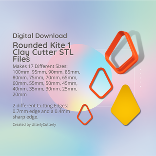 rounded kite 1 clay cutter - diamond basic shape geometric stl digital file download- 17 sizes 2 versions cookie earring polymer embossed hexagon utterlycutterly utterly cutterly fondant organic indie fashion 3d print model - Mito3D