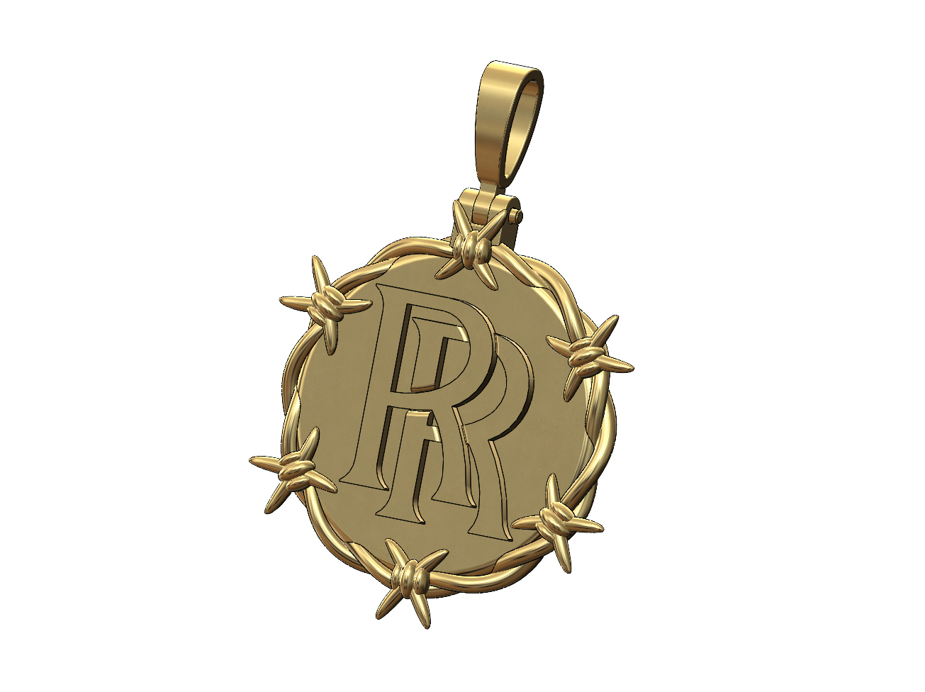 rr Logo Stacheldraht Dornen Anhänger Kaution Rollen Royce Mode bling Schmuck druckbar Gold Silber runden religiös 3d Modell Widerhaken Draht 3D print model - Mito3D