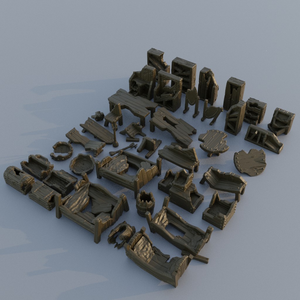 ruined furniture pack 28 mm tabletop terrain Architecture rpg dnd scatter medieval supportfree old destroyed playable interior modular 28mm 25mm 15mm wargame 3D print model - Mito3D