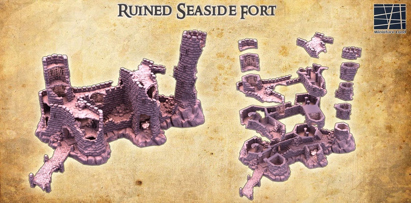 ruined seaside fort 28 mm tabletop terrain castle rpg dnd tower medieval supportfree old ruin structure playable interior modular 28mm 25mm 15mm wargame 3d print model - Mito3D