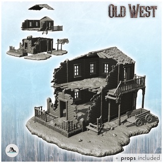 ruined wooden building damaged stairs cart + props 29 - cowboy usa america acw american civil war history historical architecture tabletop miniatures scenery wargame game terrain house accessories wild old west modern far desperados texas blackwater gunfight frontier 3d print model - Mito3D