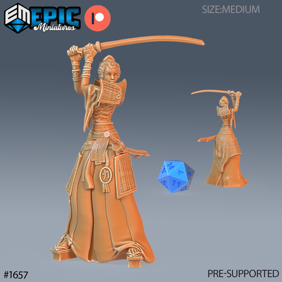 samurai female dnd miniature tabletop miniatures gaming monster 3d model rpg dndminis stl file game epic-miniatures dndminiatures 3dprint 3dminiature printedminis 3dprinting dungeon fantasy roleplaying dragon warrior undead pre-supported 3d print model - Mito3D