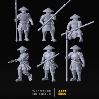 samurai japanese army maker - yari ashigaru set x5 wargaming miniatures model customizable poseable customization craft scale archers katana matchlock ronin 3d print model - Mito3D