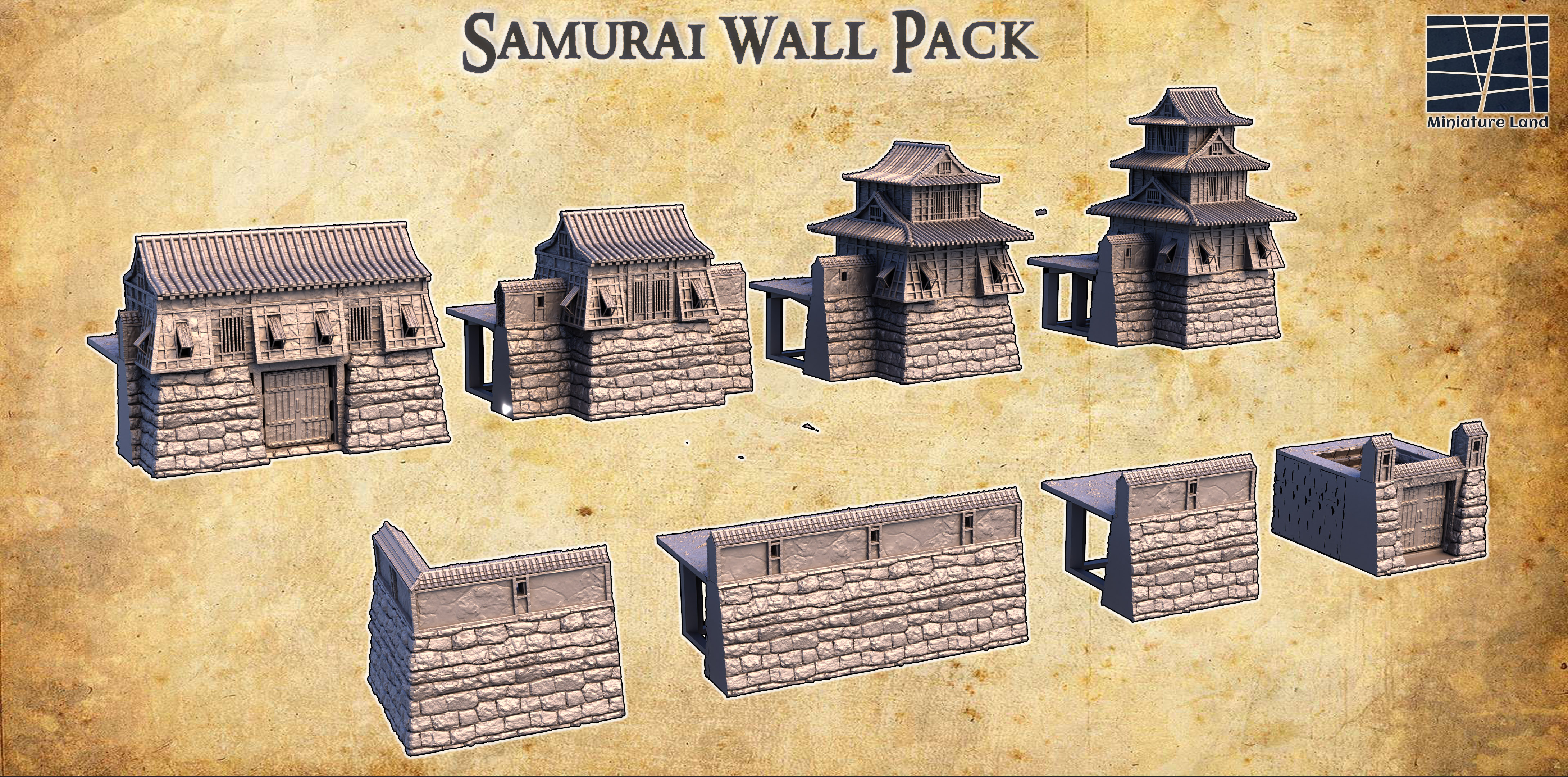 samurai mauer einstellen 28 mm tischplatte terrain fort rollenspiel dnd schloss mittelalterlich supportfree alt stein japan spielbar innere modular 28mm 25mm 15mm kriegsspiel 3D print model - Mito3D