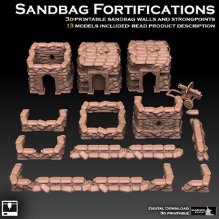 sandbag fortifications fort stronghold trench castle imperial guard death korps krieg maxim machine gun ww1 ww2 tabletop wargame 6mm 3d print model - Mito3D