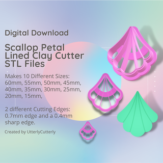 scallop petal lined clay cutter - art deco fall stl digital file download- 10 sizes 2 versions earring polymer geometric embossed hexagon utterlycutterly utterly cutterly cookie fondant organic shape indie fashion 3d print model - Mito3D