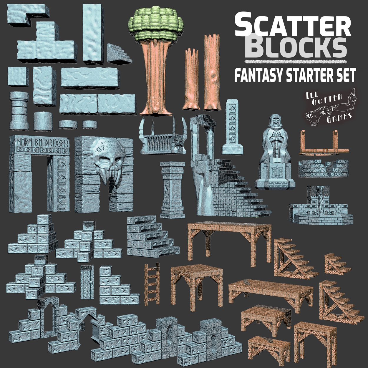 scatterblocks fantasy starter set wargaming terrain scatter scenery fantasy tabletop rpg roleplaying miniatures 28mm 30mm 32mm  3D print model - Mito3D
