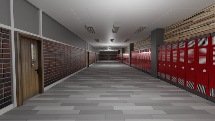 scuola corridoio alunno formazione scolastica interni mobilia edificio fumo rivelatore altoparlante armadietti 3d print model - Mito3D