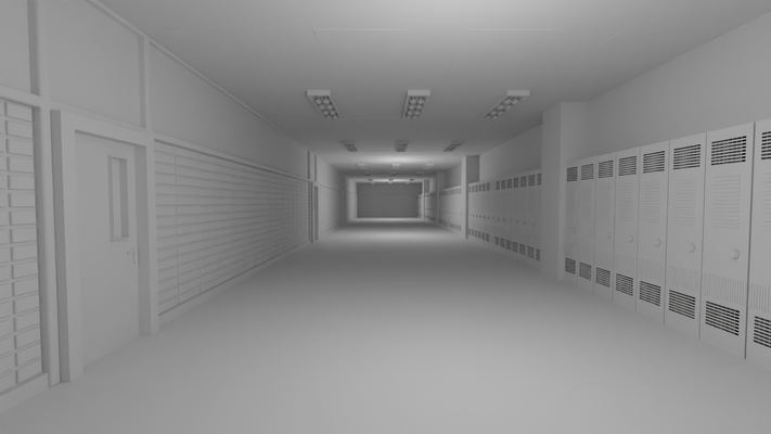 scuola corridoio materiale alunno formazione scolastica interni mobilia edificio fumo rivelatore altoparlante armadietti 3d print model - Mito3D
