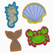 sea cookie cutter set 4 mermaid cookies making marking horse cangrejo sirena shell 3d print model - Mito3D