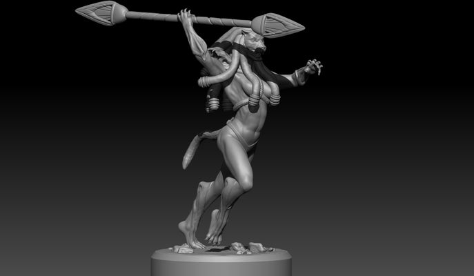 sekhmet worshipper warrior female art tabletop dnd statue model mini miniature zbrush npc fighter spear 3d print model - Mito3D