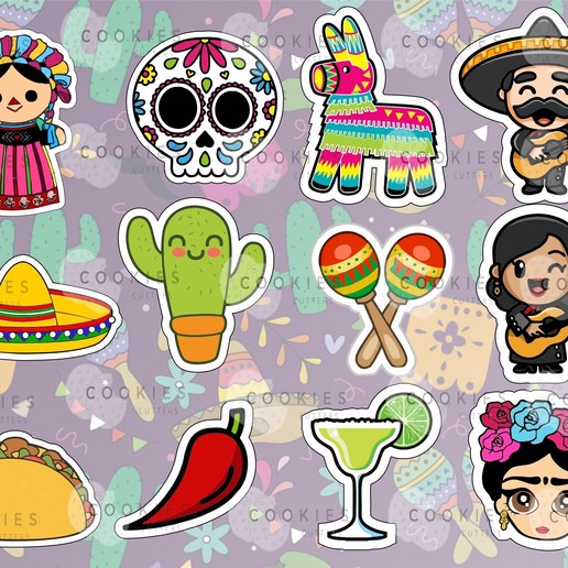 set 12 mexican party cookies outline house mexico september mariachi margarita maracas frida doll taco piñata kitchen cookie coockie 2019-covid medicine virus crown coronavirus covid covid-19 art cartoon cutter the smurfs smurf smurfette papa 3D print model - Mito3D