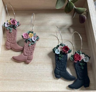 set 4 cowboy boot polymer clay cutters jewelry crafts w floral option- imprint western boho vibes boots southwestern earring cutter textured earrings embossing 3d print model - Mito3D