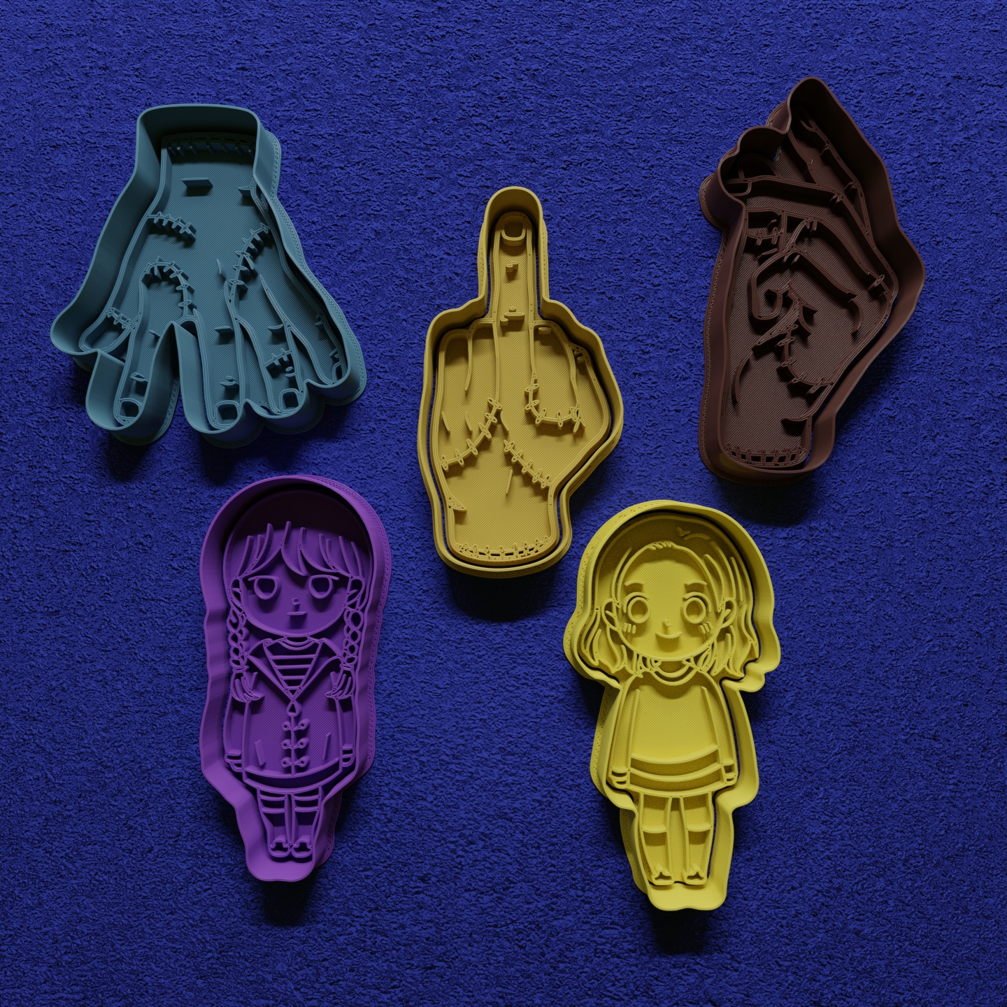 set cookie cutter wednesday x 5 cortantes para galletitas cookie cutter cortante galletita merlina merlina addams wednesday enid sinclair thing dedos  3D print model - Mito3D