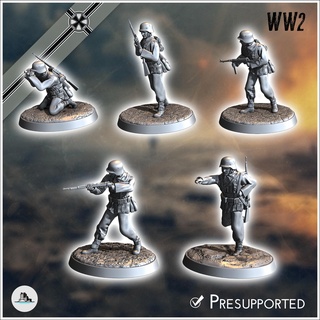 set five german ww2 infantry troops mp40 k98k 4 - germany eastern western front normandy stalingrad berlin bulge wwii Game scenery figure statue miniatures resin character rpg terrain diaroma mini bolt blitzgrieg second action world war wehrmacht flames 3d print model - Mito3D