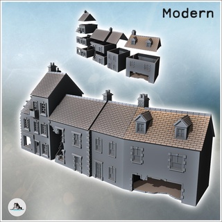 set four attached european ruined houses chimneys roof windows 22 - modern ww2 ww1 world war diaroma wargaming rpg mini hobby Game building architecture tabletop miniatures scenery wargame game terrain accessories normandy west two contempory flames yankee walking crisis bolt 3d print model - Mito3D