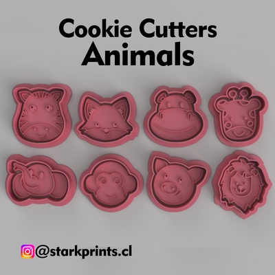 set of 6 animals cookie cutters home animalslion pig monkey hippopotamus fox zebra elephant giraffe 3d print model - Mito3D