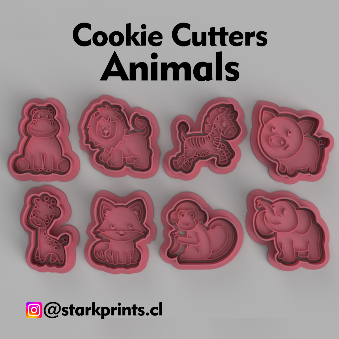 set of 6 animals cookie cutters home animalslion pig monkey hippopotamus fox zebra elephant giraffe 3D print model - Mito3D