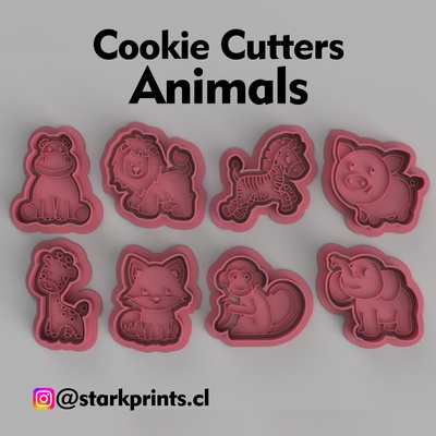 set of 6 animals cookie cutters home animalslion pig monkey hippopotamus fox zebra elephant giraffe 3d print model - Mito3D